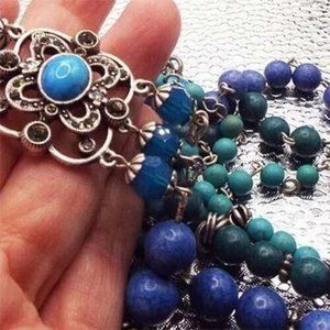 VINTAGE OLLIPOP LAPIZ, TURQUOISE & GREEN WOODEN BEAD RS SILVER 24" NECKLACE 14